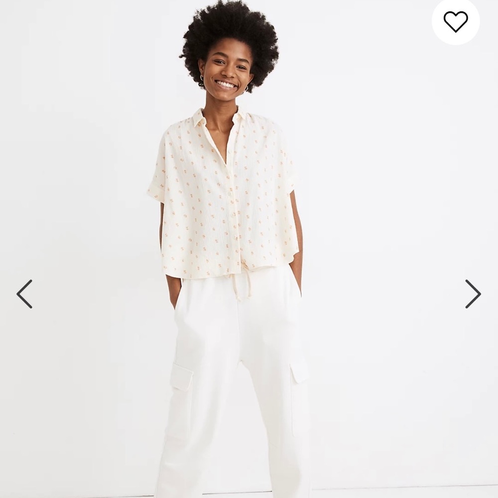 Madewell light yellow shirt with oranges pattern